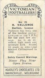 1934 Hoadley's Victorian Footballers #29 Harry Vallence Back